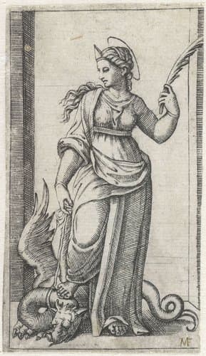Heilige Margaretha van Antiochië met draak aan touw by anonymous