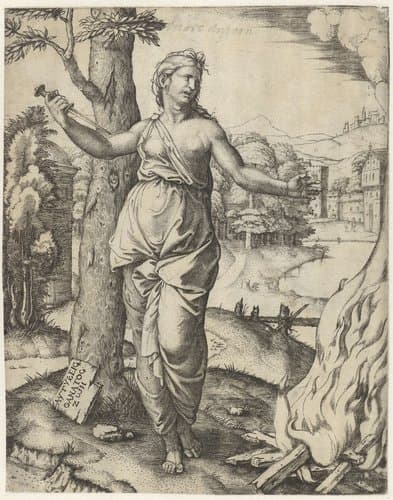 Dido doodt zichzelf met dolk naast brandstapel by Marcantonio Raimondi