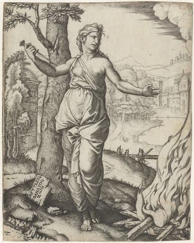 Dido doodt zichzelf met dolk naast brandstapel by Marcantonio Raimondi
