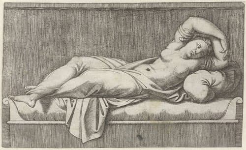 Cleopatra halfnaakt liggend op bed by Marcantonio Raimondi