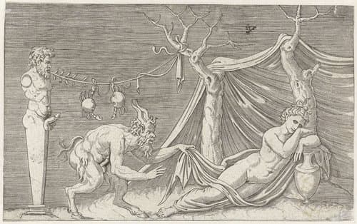 Mythologische voorstellingen naar oude bas-reliëfs by Marcantonio Raimondi
