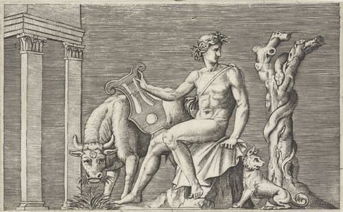 Mythologische voorstellingen naar oude bas-reliëfs by Marcantonio Raimondi