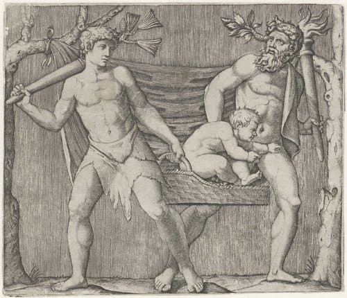 Twee fauns dragen een kind in een mand by Marcantonio Raimondi