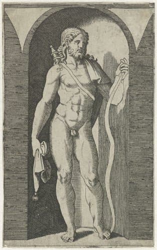 Apollo met pijlkoker en slang staand in nis by Marcantonio Raimondi