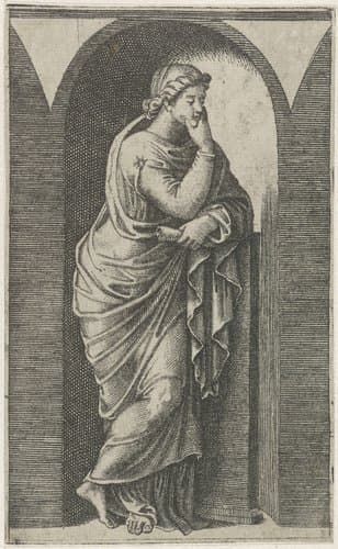 Muze met schriftrol leunend op zuil by Marcantonio Raimondi