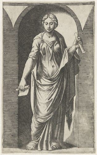 Muze met twee schriftrollen staand in nis by Marcantonio Raimondi