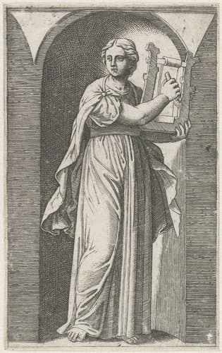 Muze met harp staand in nis by Marcantonio Raimondi