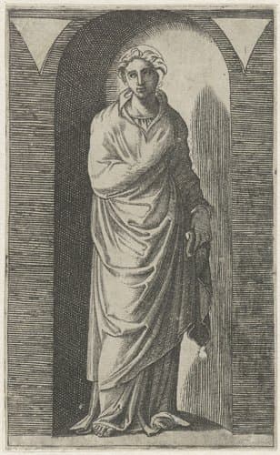 Muze met schriftrol staand in nis by Marcantonio Raimondi