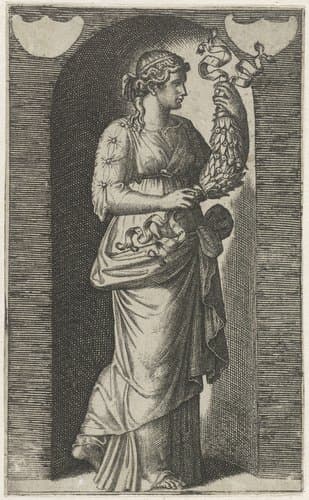 Muze Calliope met guirlande staand in nis by Marcantonio Raimondi