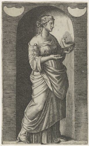 Jonge vrouw met voorwerp dat lijkt op vogel by Marcantonio Raimondi