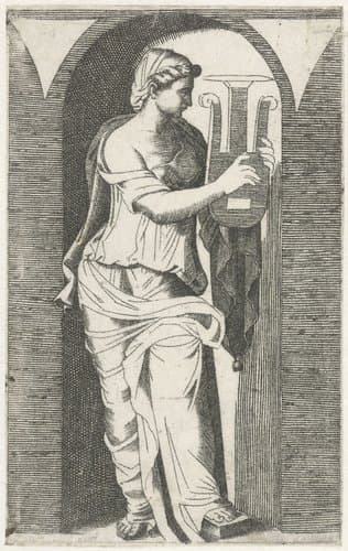 Jonge vrouw met lier staand in nis by Marcantonio Raimondi