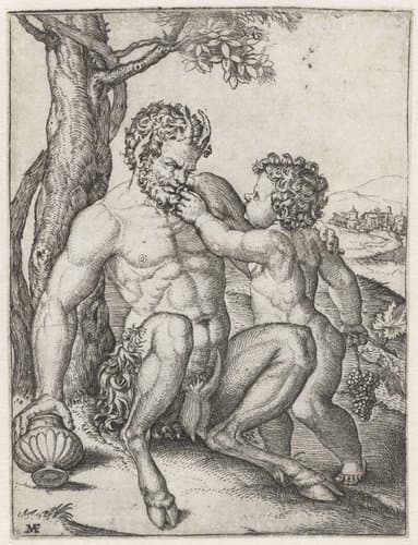 Pan met drinkbeker en Bacchus als kind met druiventros by Marcantonio Raimondi