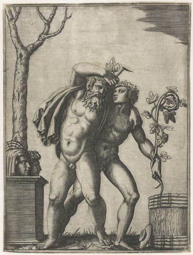 Silenus ondersteund door een jonge bacchant by Marcantonio Raimondi