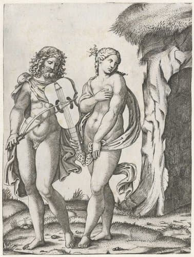 Orpheus speelt op viola voordat Eurydice naar onderwereld gaat by Marcantonio Raimondi