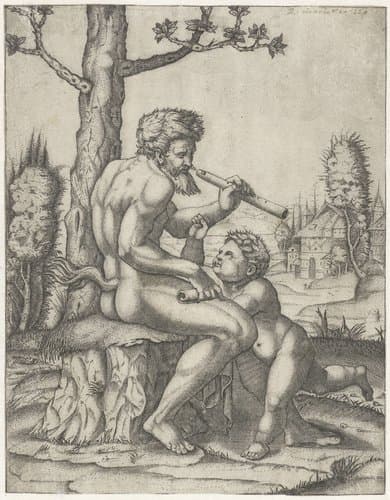 Faun met fluit speelt met kind by Marcantonio Raimondi