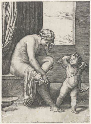 Venus droogt zich af na bad en Amor met pijl en boog by Marco Dente