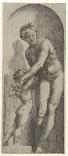 Venus en Amor staand in nis by Marcantonio Raimondi