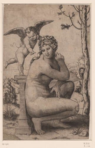 Venus hurkend bij zuil waarop Amor staat by Marcantonio Raimondi