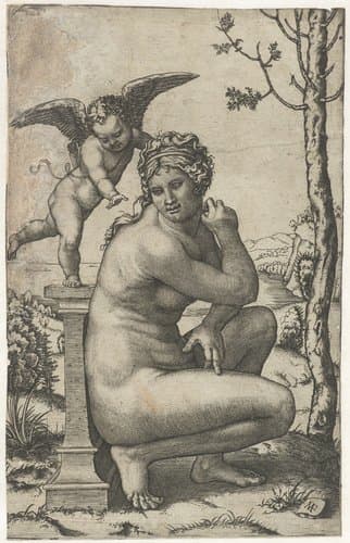 Venus hurkend bij zuil waarop Amor staat by Marcantonio Raimondi