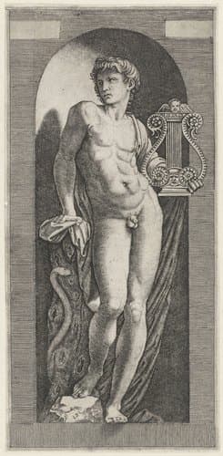 Apollo met harp staand in nis by Marcantonio Raimondi