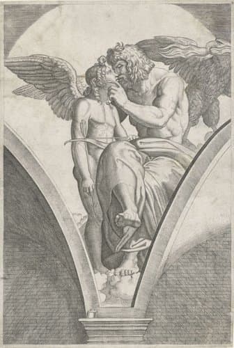 Jupiter met adelaar omhelst Amor met pijl en boog by Marcantonio Raimondi