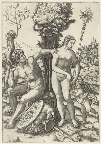 Mars en Venus als liefdespaar met Amor by Marcantonio Raimondi