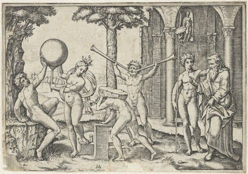 Man met twee trompetten en man met steen op zijn rug geflankeerd door man en vrouw met globe en oude en jonge man by Marcantonio Raimondi