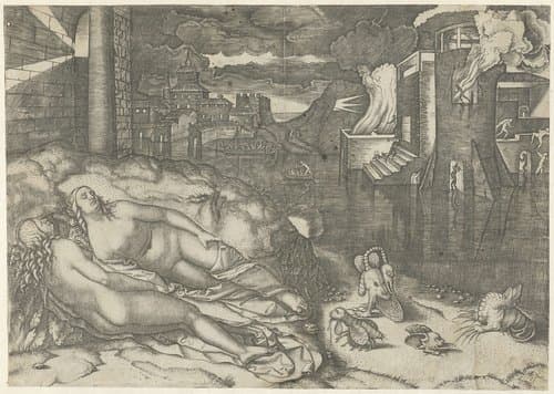 Landschap met twee naakte slapende vrouwen en fantasiedieren op oever bij water met brandend gebouw by Marcantonio Raimondi