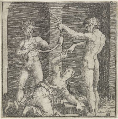 Twee mannen buigen staaf krom en vrouw schuift ring aan vinger man by Marcantonio Raimondi