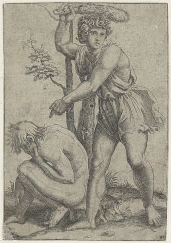 Hurkende naakte man geslagen door man met  vossestaart by Marcantonio Raimondi