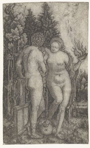 Jongeman beschermd door vrouw met globe en offerschaal als personificatie van Fortuin (Fortuna) by Marcantonio Raimondi
