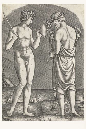 Naakte man toont bijl aan halfnaakte vrouw by Marcantonio Raimondi