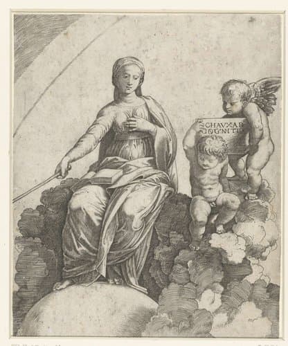 Vrouw met boek en scepter als personificatie van Filosofie zittend op wolken en voeten rustend op globe met naast haar twee putti by Marcantonio Raimondi