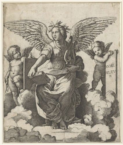 Gevleugelde vrouw als muze van Poëzie met boek en lier zittend op wolken geflankeerd door putti by Marcantonio Raimondi