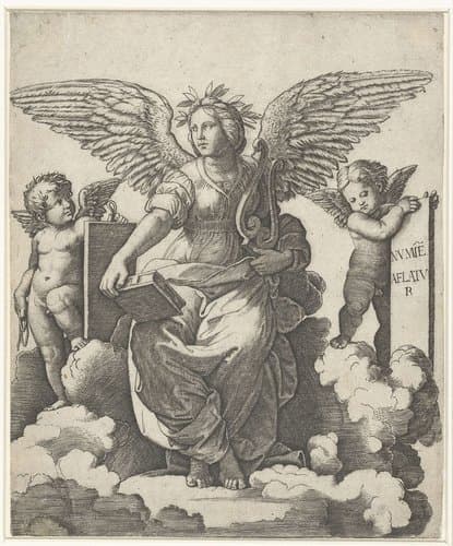 Gevleugelde vrouw als muze van Poëzie met boek en lier zittend op wolken geflankeerd door putti by Marcantonio Raimondi