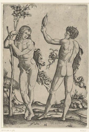 Naakte man leunend tegen boom en naakte man met spiegel en twee slangen by Marcantonio Raimondi