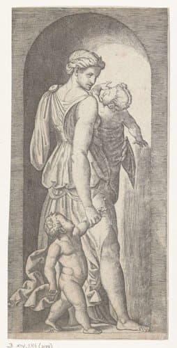 Vrouw als personificatie van Liefde (Caritas) met twee kinderen staand in nis by Marcantonio Raimondi