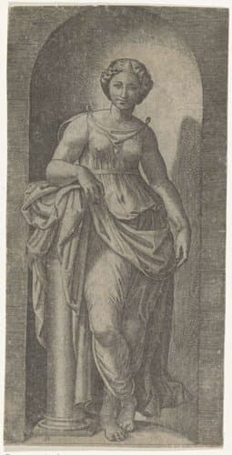 Vrouw als personificatie van Kracht (Fortitudo) leunend op zuil staand in nis by Marcantonio Raimondi