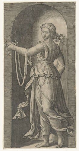 Vrouw als personificatie van Matigheid (Temperantia) met breidel staand in nis by Marcantonio Raimondi