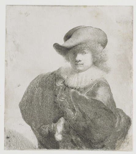 Zelfportret met slappe hoed en bewerkte mantel by Rembrandt van Rijn