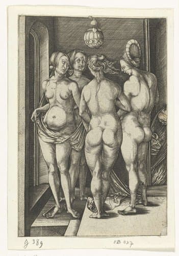 Vier naakte vrouwen by Israhel van Meckenem