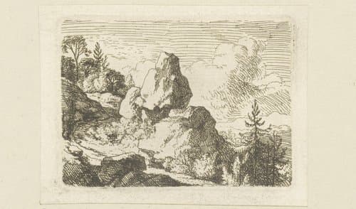 Landschap met pad langs een rotsblok by Christian Wilhelm Ernst Dietrich