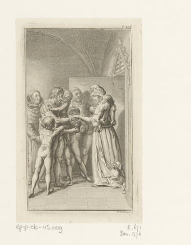 Maria von Sundhain schudt de hand van een van de broeders by Daniel Nikolaus Chodowiecki