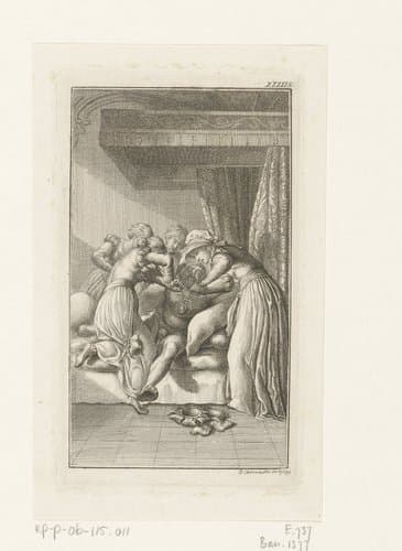 Hertog Adalbert wordt door zijn hofdames het bed in gedwongen by Daniel Nikolaus Chodowiecki