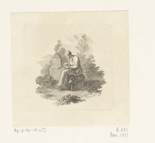 Vrouw zittend naast een oven voor natuurwetenschappelijke proeven by Daniel Nikolaus Chodowiecki