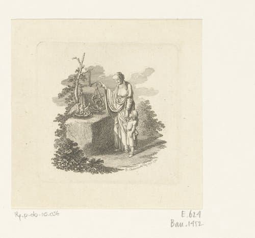 Vrouw met kind naast een weegschaal waarop een pelikaan en een adelaar worden afgewogen by Daniel Nikolaus Chodowiecki
