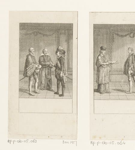 Hendrik van Navarra in gesprek met Michel de l'Hopital en Gaspard de Coligny by Daniel Nikolaus Chodowiecki