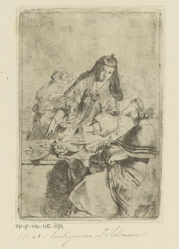 Marktscène met kledingverkoopster en een klant by Christian Wilhelm Ernst Dietrich