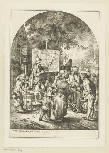 Minstreel spreekt dorpelingen toe by Christian Wilhelm Ernst Dietrich