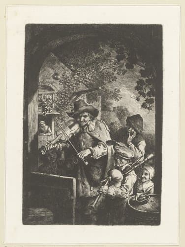 Muzikanten in deuropening by Christian Wilhelm Ernst Dietrich